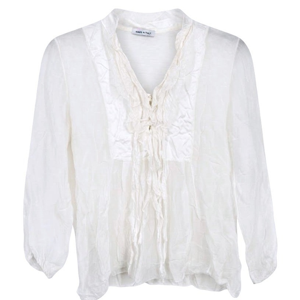 Made in Italy White Ruffle V-Neck Boho Peasant Blouse Top XS Long Sleeve